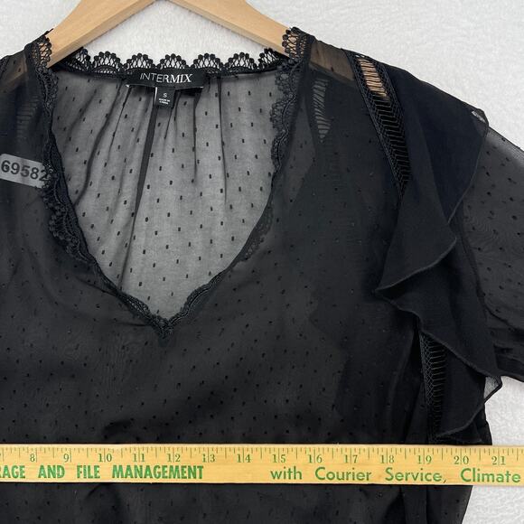 INTERMIX Top S Silk Chiffon Sheer Swiss Dot V-Neck Ruffle Long Sleeve Black - Picture 9 of 11